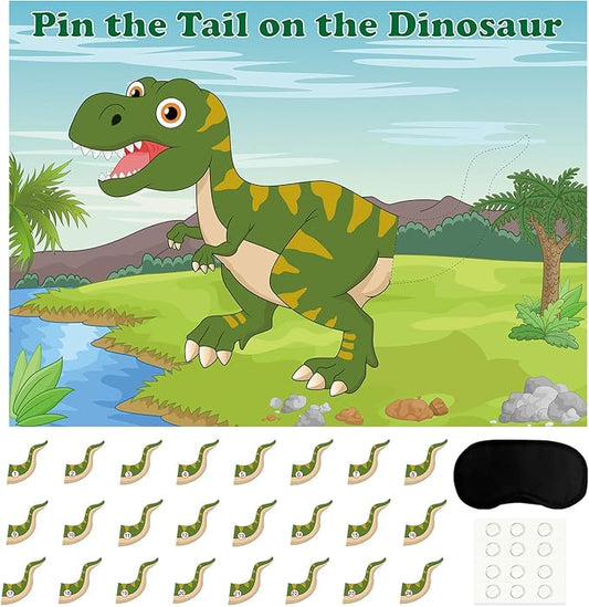 FEPITO Pin The Tail on The Dinosaur Game with 24 Pcs Tails for Dinosaur Birthday Party Supplies, Boys Dinosaur Party Game