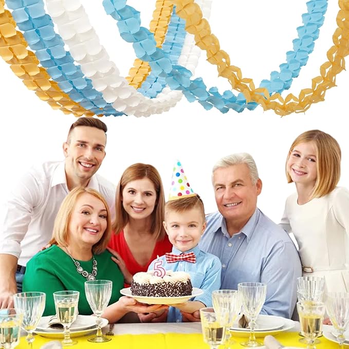 Light-Dusty Blue Beige-Gold Party Decorations - 12pcs Streamers-Garland Boho 4-Leaf Paper Banner,Men Boy Birthday Baby Bridal Shower Bachelorette Wedding Engagement Graduation Decor Ouruola