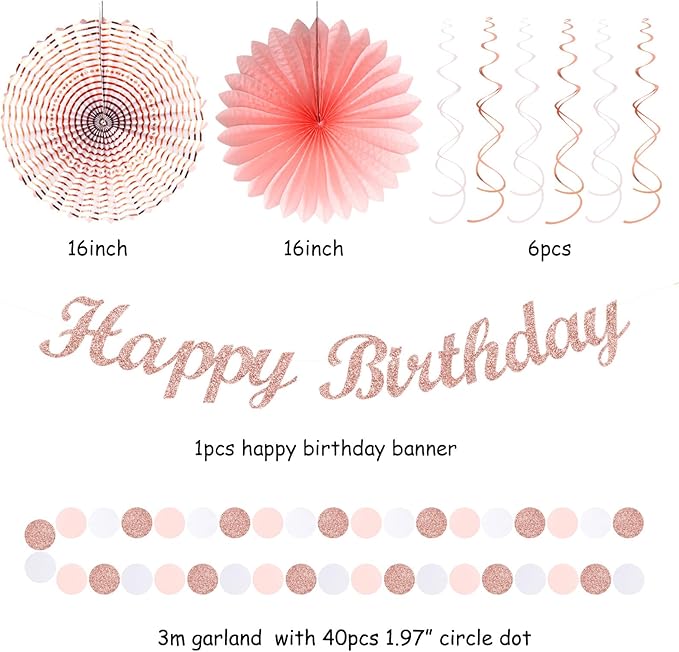 Pink White Rose-Gold Birthday Party-Decorations - 21pcs Happy Banner, Paper Lanterns,Tissue Pom Poms Flower Fan,Honeycomb Ball,Swirl Streamers Garland Supplies Decor Girls Women Huglony
