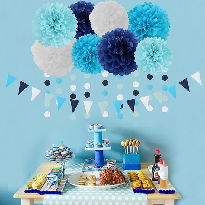 Light-Royal Navy-Blue White Pom-Poms Streamers - 30pcs Under The Sea Frozen Party-Decorations,Birthday Baby Shower Tissue Tassel Garland Banner, Bridal Wedding Engagement Decor Lasting Surprise