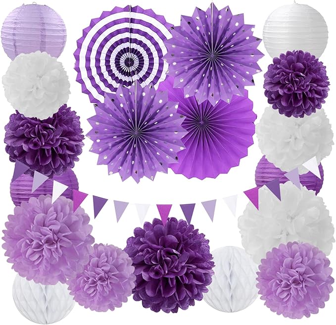 Lavender-Purple White Graduation Party Decorations - 20pcs Paper Lanterns Fans,Tissue Pom Poms,Honeycomb Balls,Birthday Wedding Bridal Baby Shower Engagement Bachelorette Decor Burgleda