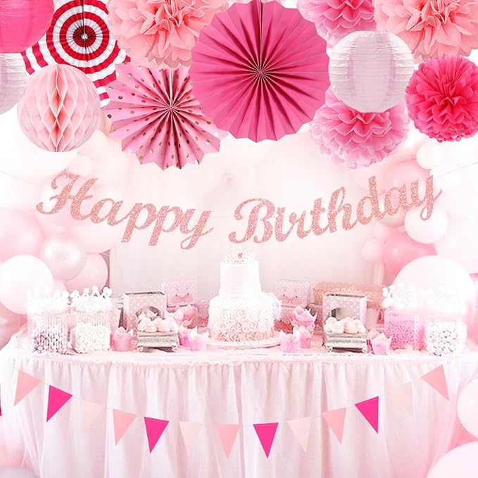 Rose Hot-Pink Party Decorations - 20pcs Paper Lanterns Fans,Tissue Pom Poms,Honeycomb Balls,Bunting,Birthday Wedding Bachelorette Baby Shower Bridal Graduation Engagement Decor Burgleda