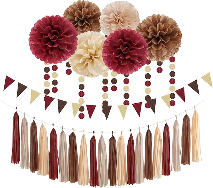 Boho Baby-Shower Burgundy-Brown Champagne Party-Decorations - 28pcs Neutral Birthday Rustic Wedding Bridal Tissue Pom Poms Streamers, Fall Autumn Tassel Garland Banner, Engagement Decor Ouruola
