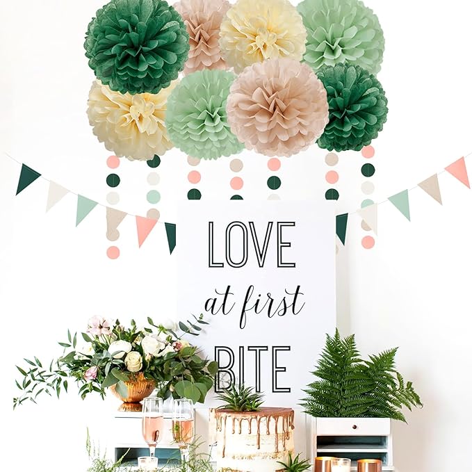 Olive-Sage Green Champagne-Gold Party Decorations - 23pcs Rustic Wedding Tissue Pom Poms Streamers, Boho Bachelorette Neutral Baby Shower Birthday Bridal Decor Ouruola