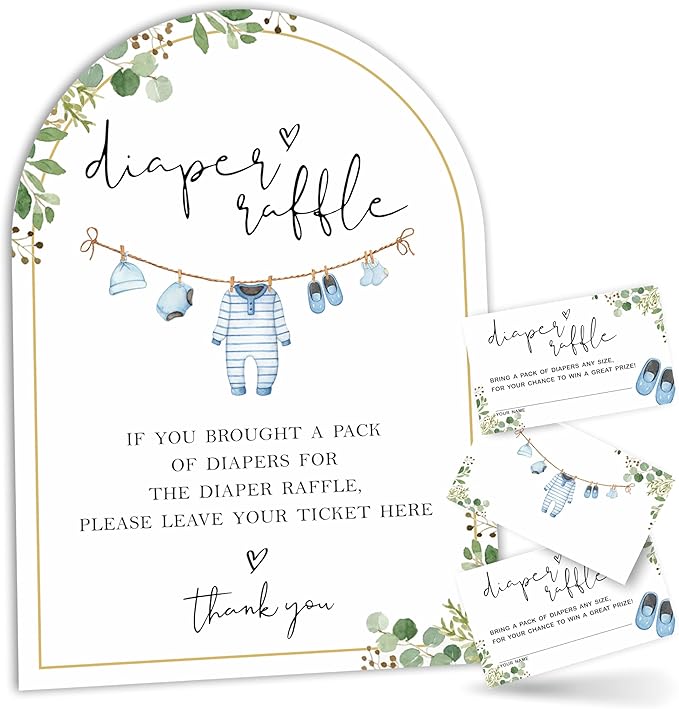 Greenery & Blue Baby Clothes Diaper Raffle Sign, Arched Display Board with Stand - 7x10 Inch Gender Neutral Shower Game Kit, 50 Tickets, Natural Decor (B08)