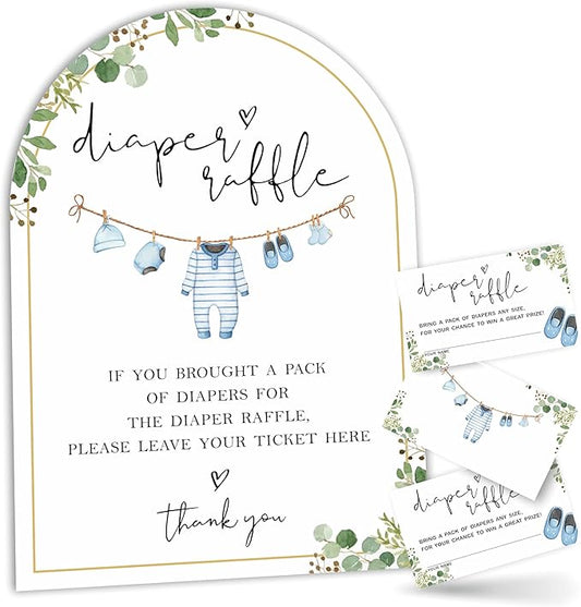 Greenery & Blue Baby Clothes Diaper Raffle Sign, Arched Display Board with Stand - 7x10 Inch Gender Neutral Shower Game Kit, 50 Tickets, Natural Decor (B08)