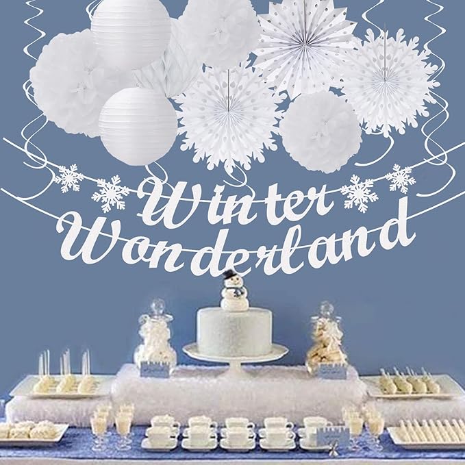 Winter-Wonderland Christmas-Snowflake White Party-Decorations - 21pcs Wedding Baby Shower Snow Banner,Paper Lanterns Honeycomb Streamers,Tissue Pom Poms Flower Fan,Classroom Hanging Decor Huglony