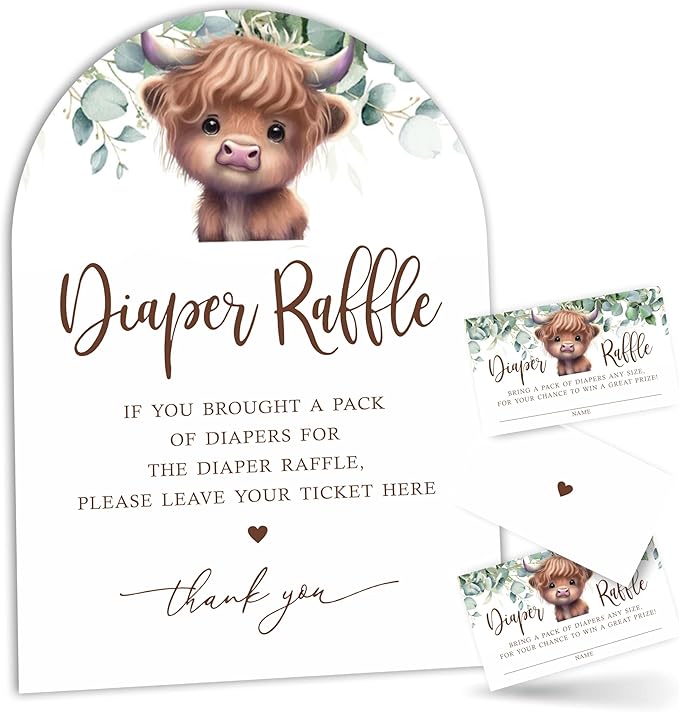 Holy Cow Diaper Raffle Game Kit with Sign - 50 Tickets, 7x10 Inch Standee for Gender Neutral Baby Shower, Farm Theme Gender Reveal Party Decorations (B01)