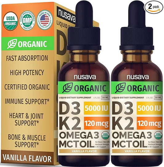 (2 Pack) Organic Vitamin D3 K2 Drops with MCT Oil Omega 3, 5000 IU - Maximum Strength Vitamin D Liquid, No Fillers, Non-GMO Liquid D3 for Faster Absorption and Immune Support (Vanilla, 1 Fl OZ x 2)