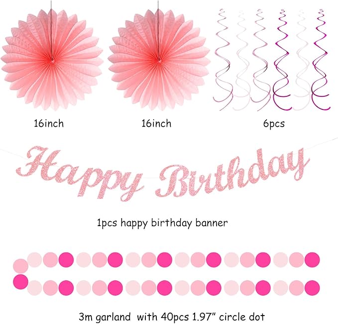 Light Hot Pink Birthday Party-Decorations - 21pcs Girl Happy Banner,Paper Lanterns Honeycomb,Tissue Pom Poms Flower Fan,Hanging Streamers Garland,18th 21st 30th Women Birthday Decor Supplies Huglony