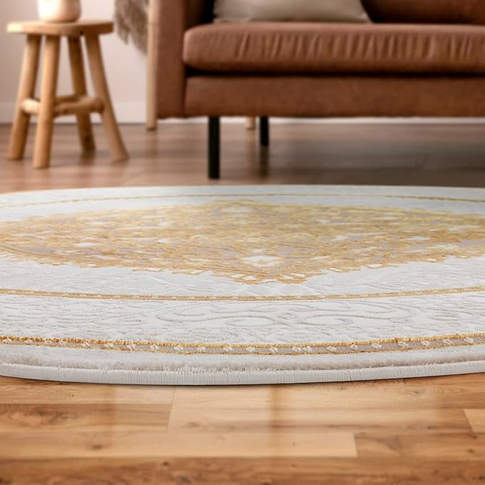Antep Rugs Babil Gold 5x5 Oriental Bordered High Low Textured Traditional Indoor Area Rug, Beige Gold, 5'3" Round