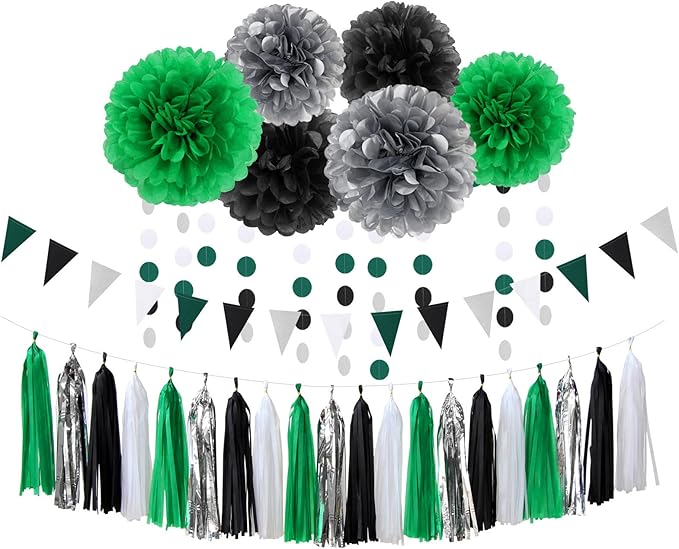 Black Green Silver Football Party-Decorations - 30pcs Soccer Graduation Streamers,Tissue Pom Poms,Tassel Garland Backdrop Men Boys Birthday Spring Sunmer Bunting Jungle theme Banner Lasting Surprise