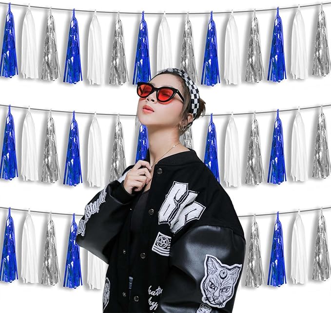 3P Metallic Fringe Tassel Banner Garland Foil Tinsel Streamer Wall Hanging Curtain Backdrop Banner for Parade Floats, Graduation Decorations, Retirement Party Decorations(Navy Blue White Silver)