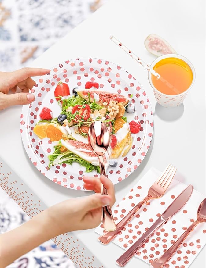 141 Pieces Rose Gold Party Supplies, Disposable Party Decorations Sets Include Paper Plates Napkins Cups, Plastic Forks Knives Spoons, for Baby Shower Birthday Wedding -20 Guests