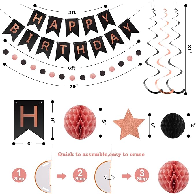 meowtastic Birthday Decorations, Happy Birthday Banner with Honeycomb Ball, Star Hanging Swirl Streamer, Circle Dot Garland, Happy Birthday Party Decoration for Women Men Boy Girl (Rose Gold & Black)