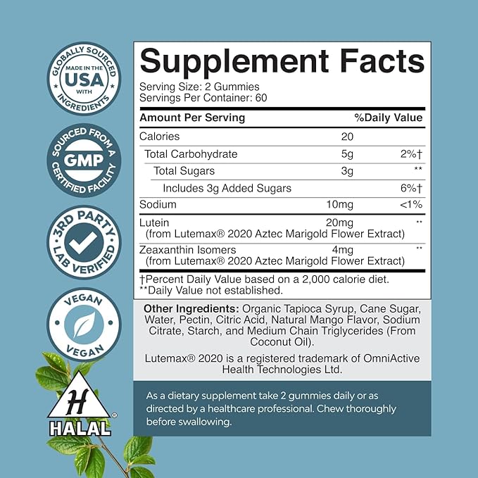 Vision Support Gummies for Adults - Lutein and Zeaxanthin Supplements for Eye Health - Potent Lutein Eye Vitamins for Blue Light Protection, Dryness, Strain Support & Visual Sharpness - 120 Count