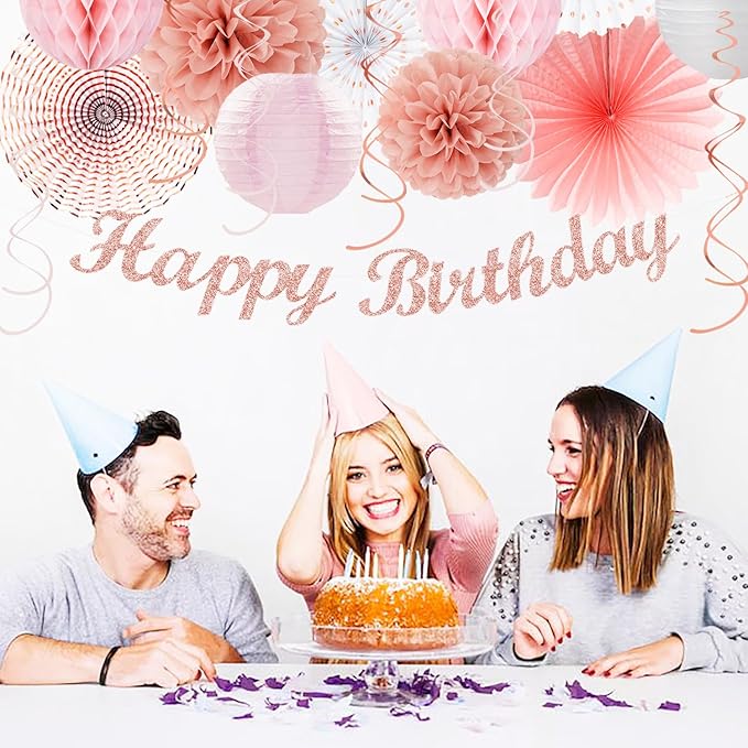 Pink White Rose-Gold Birthday Party-Decorations - 21pcs Happy Banner, Paper Lanterns,Tissue Pom Poms Flower Fan,Honeycomb Ball,Swirl Streamers Garland Supplies Decor Girls Women Huglony