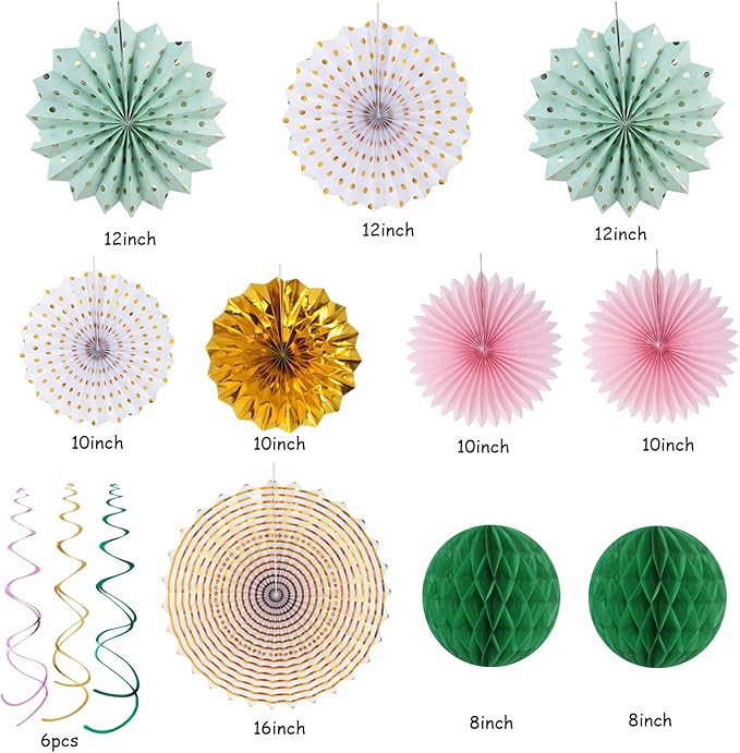 Sage-Green Pink Gold Party-Decorations - 33pcs Kits Tissue Pom Poms Honeycomb,Banner,Streamers Tassel Garland,Paper Lantern Fans, Wedding Engagement Bachelorette Birthday Baby Bridal Shower Hugtmr