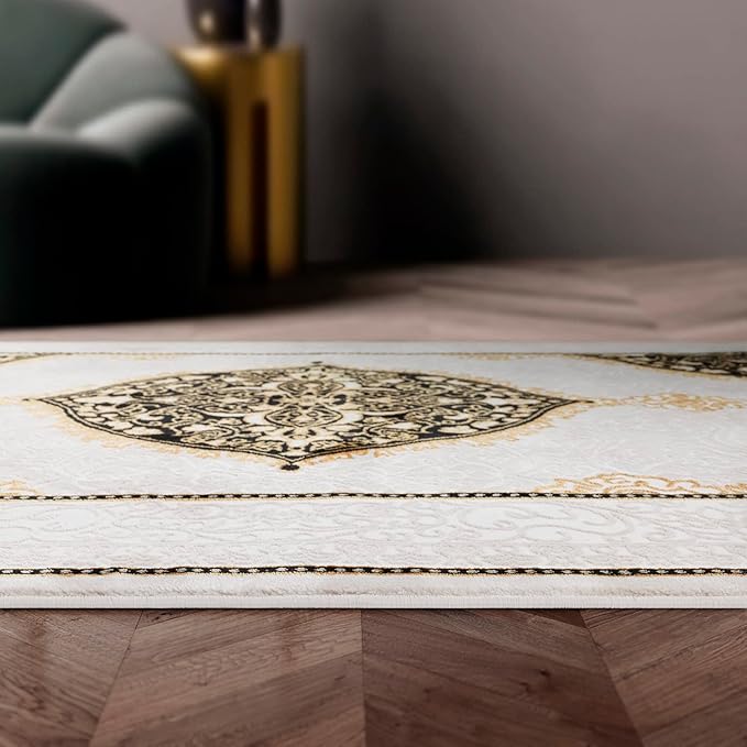 Antep Rugs Babil Gold 8x10 Oriental Bordered High Low Textured Traditional Indoor Area Rug, Beige Black, 7'10" x 10'