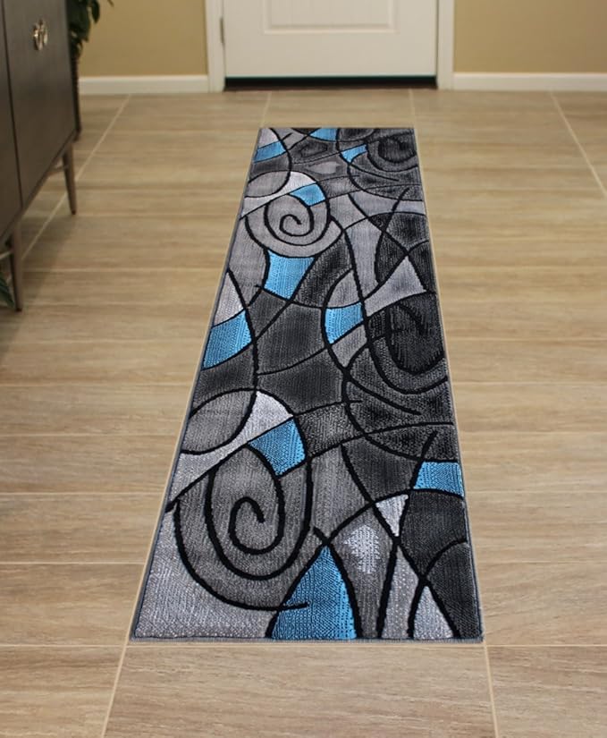 Masada Rugs, Modern Contemporary Runner Area Rug, Blue Grey Black (2 Feet X 7 Feet)