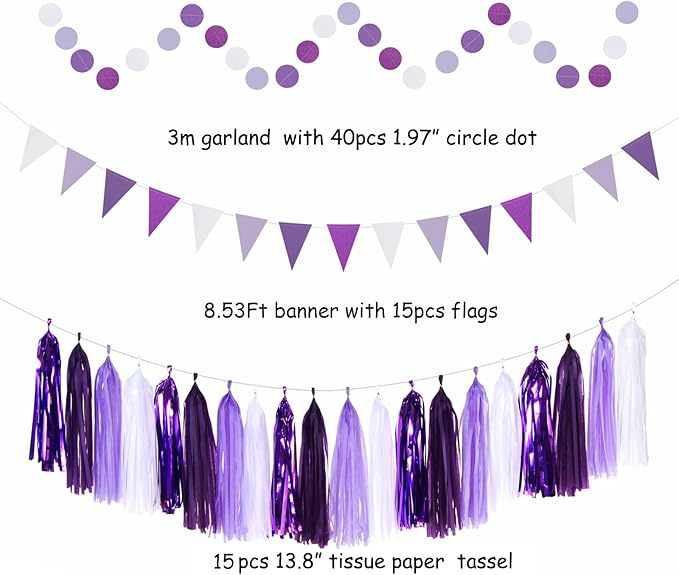 Purple-White Lavender Women-Girl Birthday Party-Decorations - 33pcs Paper Lanterns Fans,Streamers Tassel Garland Banner,Tissue Pom Poms,Baby Bridal Shower Wedding Bachelorette Graduation Decor Hugtmr