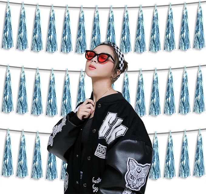 3P Metallic Fringe Tassel Banner Garland Foil Tinsel Streamer Wall Hanging Curtain Backdrop Banner for Parade Floats, Graduation Decorations, Wedding Party Decoration(Light Blue)