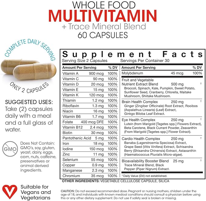Silver Fern Whole Food Daily Multi Vitamin w/Trace Mineral Blend Supplement - 1 Bottle - 60 Vegicaps - 30 Day Supply - Natural, Non-GMO, Vegan, Men's & Women's Multivitamin - Zero Synthetics