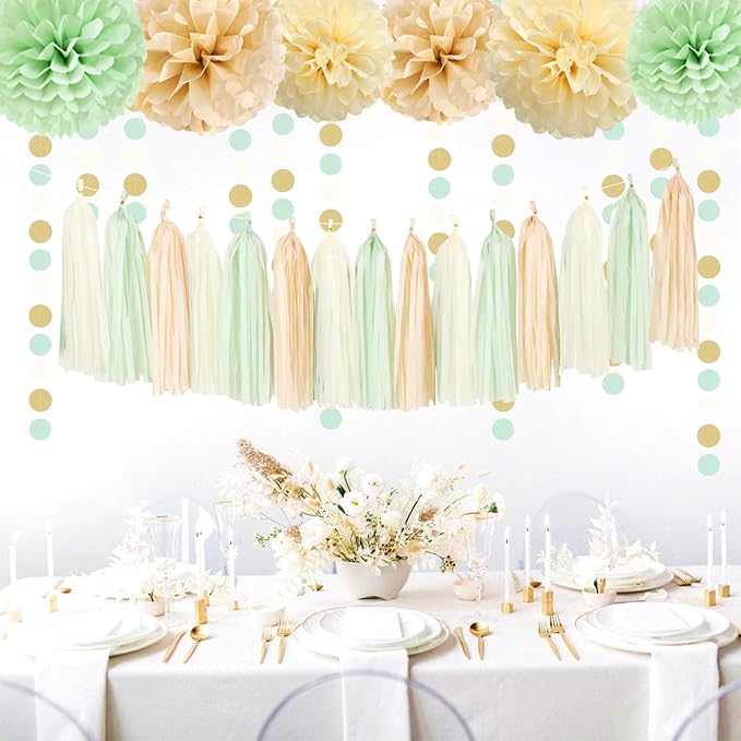 Sage-Green Gold-Champagne Party Decorations - 23pcs Neutral Birthday Baby Shower Tissue Pom Poms Streamers, Boho Wedding Bachelorette Engagement Tassel Garland Banner,Bridal Decor Suppilies Ouruola