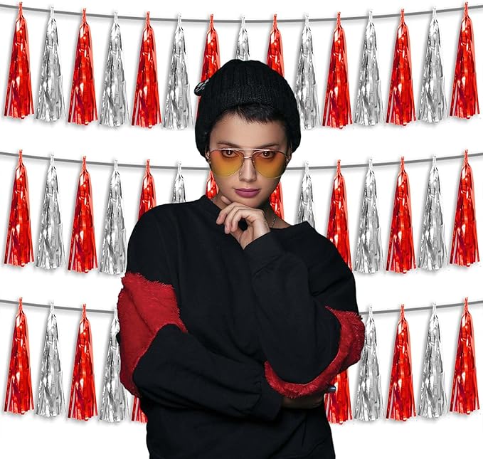 3P Metallic Fringe Tassel Banner Garland Foil Tinsel Streamer Wall Hanging Curtain Backdrop Banner for Parade Floats,Halloween Decorations, Christmas Day, Wedding Party Decoration(Red Silver)