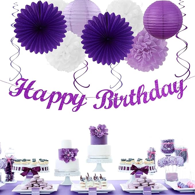Purple-Lilac Lavender-White Happy Birthday Party-Decorations - 31pcs 20th Women Girls Paper Lanterns Streamers Banner,Tissue Pom Poms Decor,Flower Fans Tassels Graland Backdrop Supplies Hugmoon