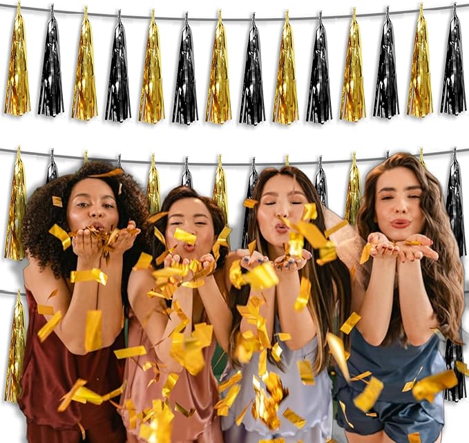 3P Metallic Fringe Tassel Banner Garland Foil Tinsel Streamer Wall Hanging Curtain Backdrop Banner for Parade Floats,Graduation Decorations, Father's Day,New Years Party Decoration(Black Gold)