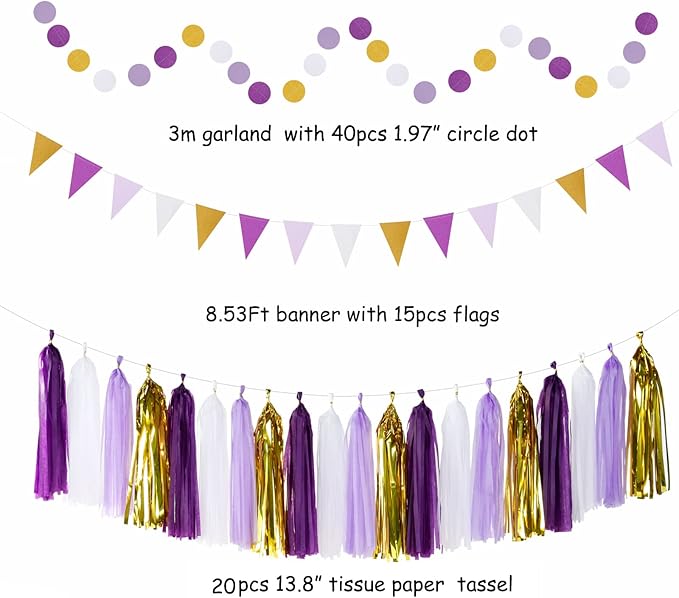 Purple-Gold Graduation Party-Decoration - 33pcs Kits Banner, Streamers Tassel Garland,Tissue Pom Poms Honeycomb, Paper Lantern Fans,Wedding Girl Birthday Baby Bridal Shower Decor Hugtmr