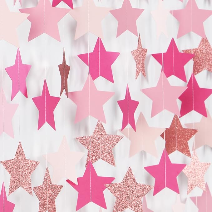 Hot-Pink Rose-Gold Party Decorations Garland - 62ft Twinkle Little Star Hanging Streamers Banner,Birthday Wedding Bridal Baby Shower Bachelorette Engagement Decor Hugtmr