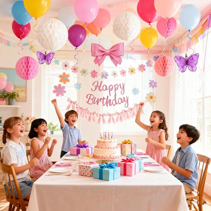 Pink Birthday Decorations Kit Happy Birthday Banner with Honeycomb Ball Butterfly Hanging Swirl Streamer Flower Garland Pink Bow Garland Banner Decoration for Women Men Boys Girls