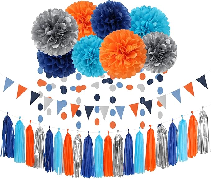 Blue-Silver Orange Space Party-Decorations Streamers-Garland - 30pcs Graduation 2025 Tissue Pom Poms,Tassel Banner Backdrop Birthday Boy Baby Shower Decor Bunting Lasting Surprise