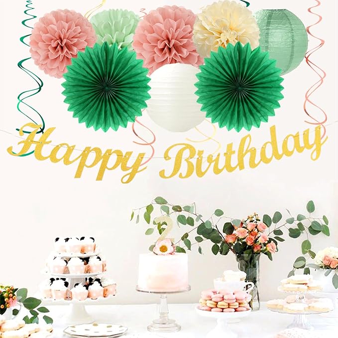 Olive Sage-Green Beige Happy-Birthday Party-Decorations - 31pcs Women Girls Adults Paper Lanterns Streamers Banner,Tissue Pom Poms Decor,Flower Fans Tassels Graland Boho Neutral Supplies Hugmoon