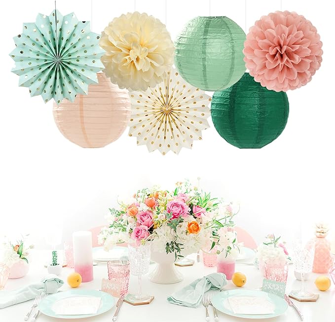 Sage-Green Pink Party-Decorations Paper-Flowers Lanterns - 20PCS Boho Rustic Tissue Pom Poms Streamers Fans Honeycomb, Birthday Baby Shower Neutral Garden Wedding Hanging Supplies Decor Burgleda