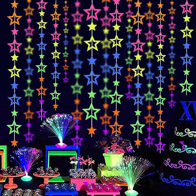 126feet UV Paper Garland Hollowed Star Neon Streamers Black Light Decorations Glow Party UV Reactive Party Favors Glow in The Dark Supplies and Decorations Wedding Birthday Banner