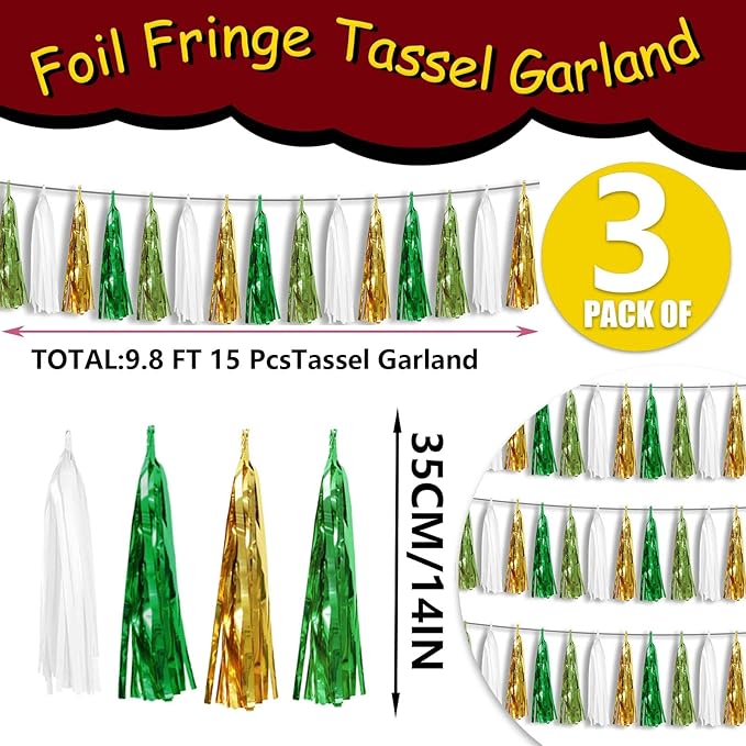 3P Metallic Fringe Tassel Banner Garland Foil Tinsel Streamer Wall Hanging Curtain Backdrop Banners for Parade Floats, Graduation Decorations, Woodland Party Decoration(Sage-Green Gold)