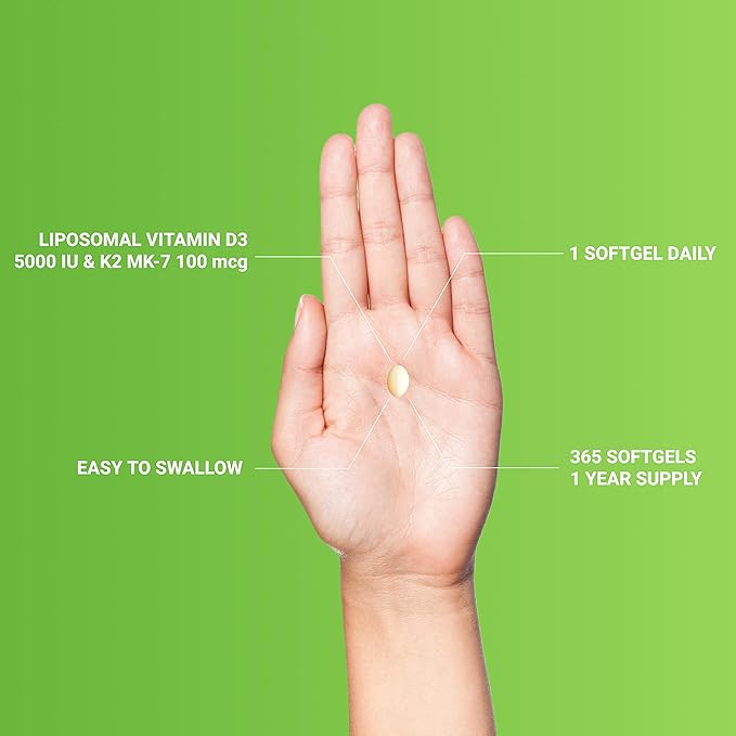 UpNourish Liposomal D3 & K2 MK-7, Advanced Absorption for Optimal Bone and Immune Health, Supplies 5000 IU 125 mcg Vitamin D3 and 100 mcg Vitamin k2 with Organic Coconut Oil, 365 Mini softgels