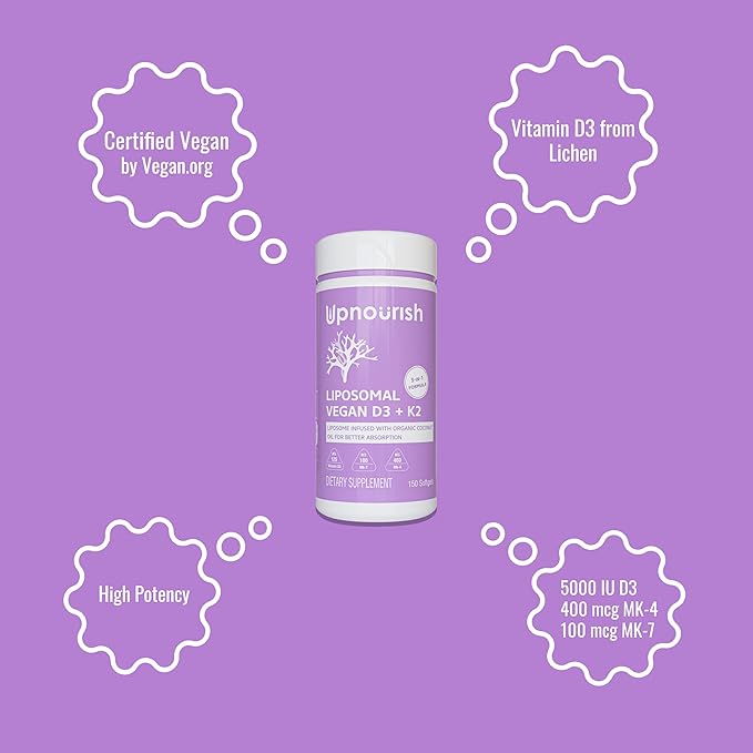 UpNourish Certified Vegan Vitamin D3 5000 IU K2 MK4 MK7 500 mcg Supplement, 150 Softgels, Plant Based Liposomal Vitamin D K with Organic Coconut Oil, Non GMO, Gluten and Gelatin Free