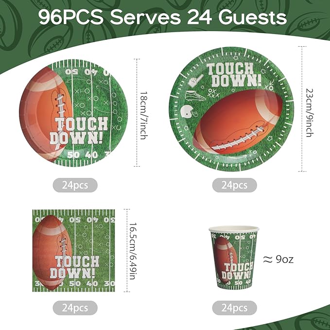 96pcs Football Paper Plates and Napkins Cups Rugby Field Theme Disposable Tableware Set for 24 Guest Kids Picnic Party Celebratory Banquet Table Supplies Decorations