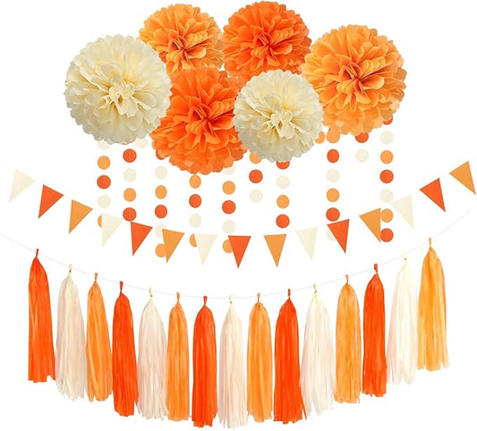 Orange Beige Fall Baby-Shower Party-Decorations - 23pcs Autumn Harvest Thanksgiving Tissue Pom Poms Streamers, Boho Birthday Bridal Wedding Engagement Bachelorette Tassel Garland Banner Decor Ouruola