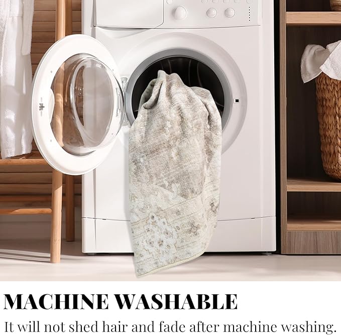 MUJOO Beige Rug 2'x3',Small Washable Area Rugs for Entryway Kitchen Bathroom Bedroom,Boho Vintage Bohemian Distressed Farmhouse Non Slip Carpet, Floral