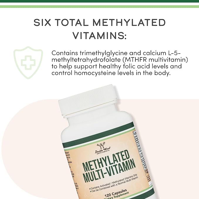 Methylated Multivitamin (Methylated and Activated Vitamins Only - Methylated B Complex with Trimethylglycine (TMG) and Methylfolate)(Non-GMO, Gluten Free MTHFR Supplement) 120 Capsules by Double Wood