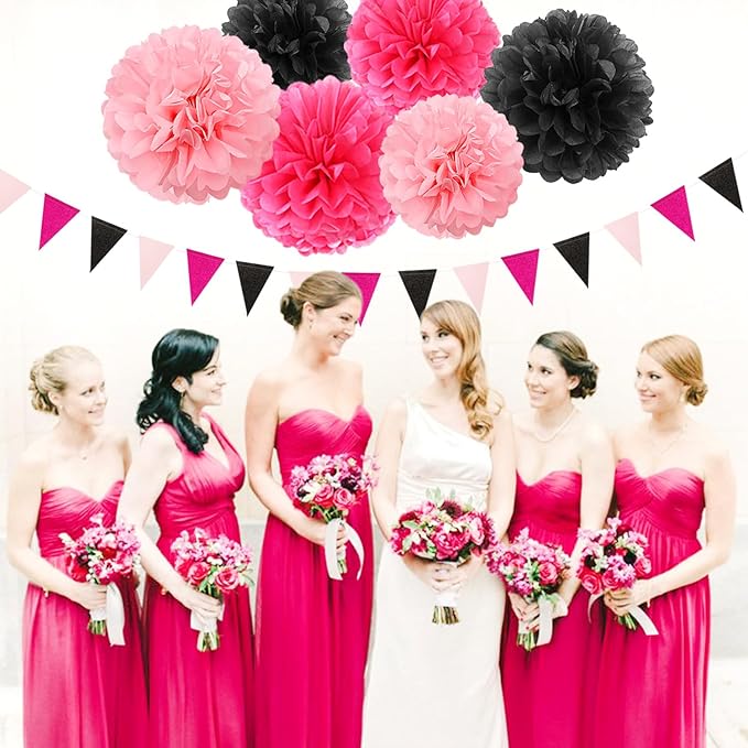 Hot-Pink Black Party-Decorations Paper Flower Streamers - 23pcs Baby Girl Women Birthday Tissue Pom Poms,Bachelorette Shower Tassel Garland Banner,Graduation Hanging Supplies Decor Ouruola