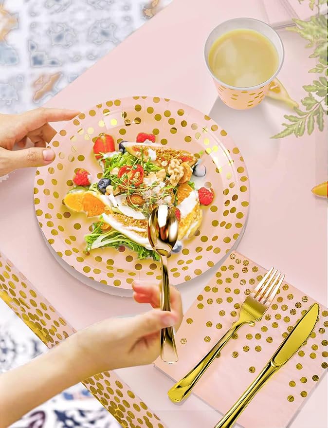 141 Pieces Pink Gold Party Supplies, Party Dinnerware Sets Include Paper Plates Napkins Cups Silverware, for Wedding Bridal Shower Engagement Birthday Parties Decoration -20 Serves