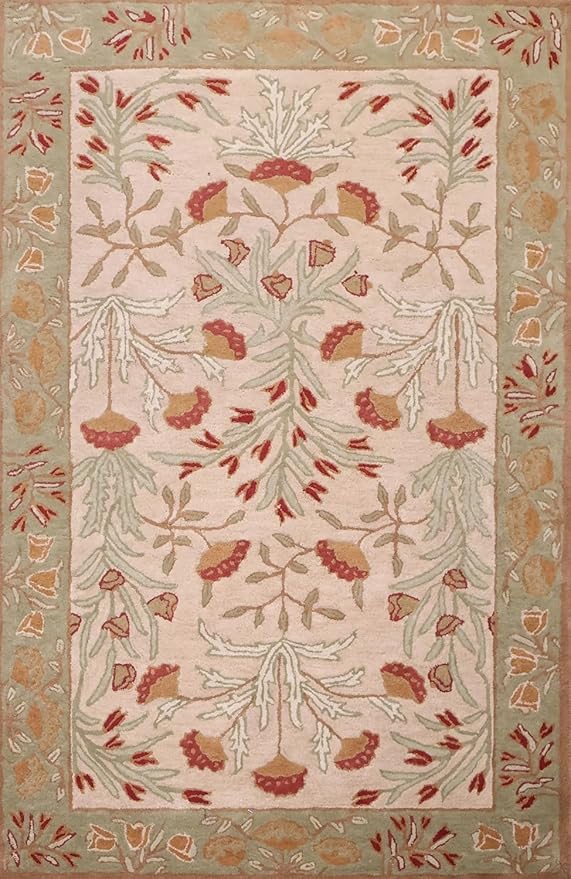 Handmade Floral Adeline Beige Tulips Traditional Crafted Wool Area Rug for Living Room Bedroom and Kitchen (5' x 8')