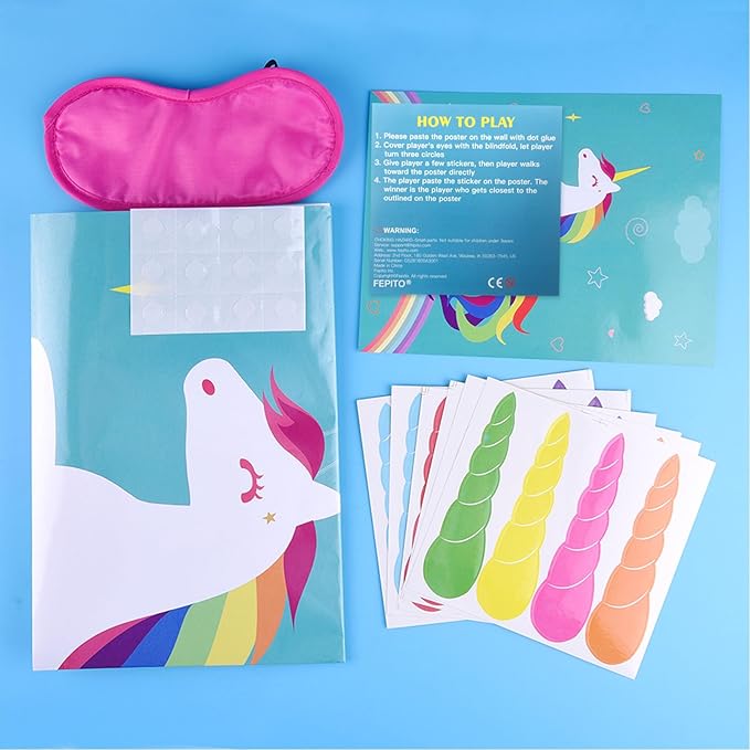 FEPITO Pin The Horn on Unicorn-game for Kids Birthday Party Game with 24 Horn Stickers Birthday Poster for Kids Unicorn-Birthday Girls Rainbow Party Favors Supplies Decoration Home Wall Decor Backdrop