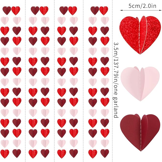 Pink Red Party-Decorations Heart-Garland - 39Ft 3D Burgundy Proposal Romantic Special Night Galentines Hanging Paper Streamers Banner,Engagement Wedding Baby Bridal Shower Decor Ouruola